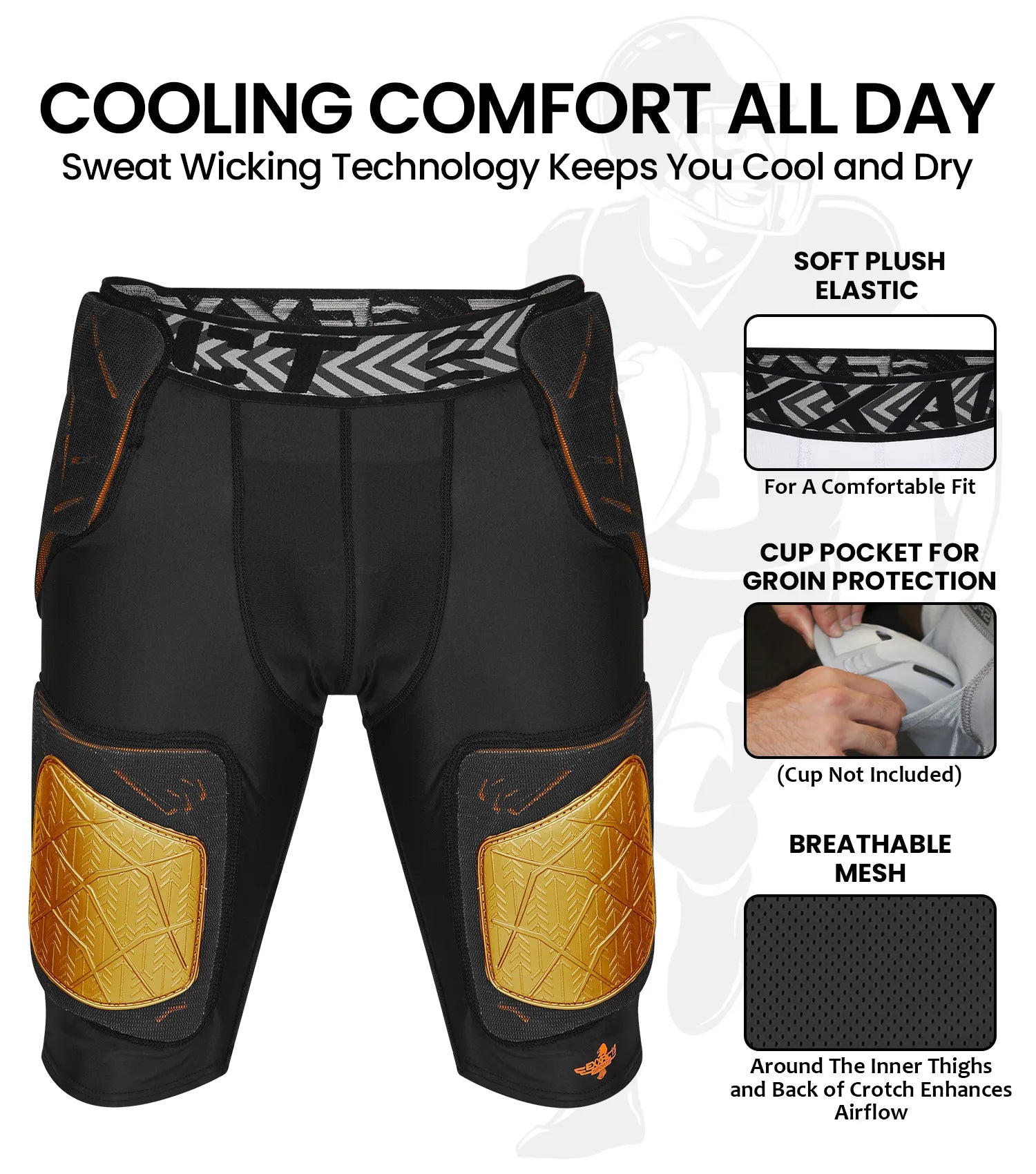 Exxact Sports Men’s Gladiator 5-pad Football Girdle with Cup Pocket - Black Gold