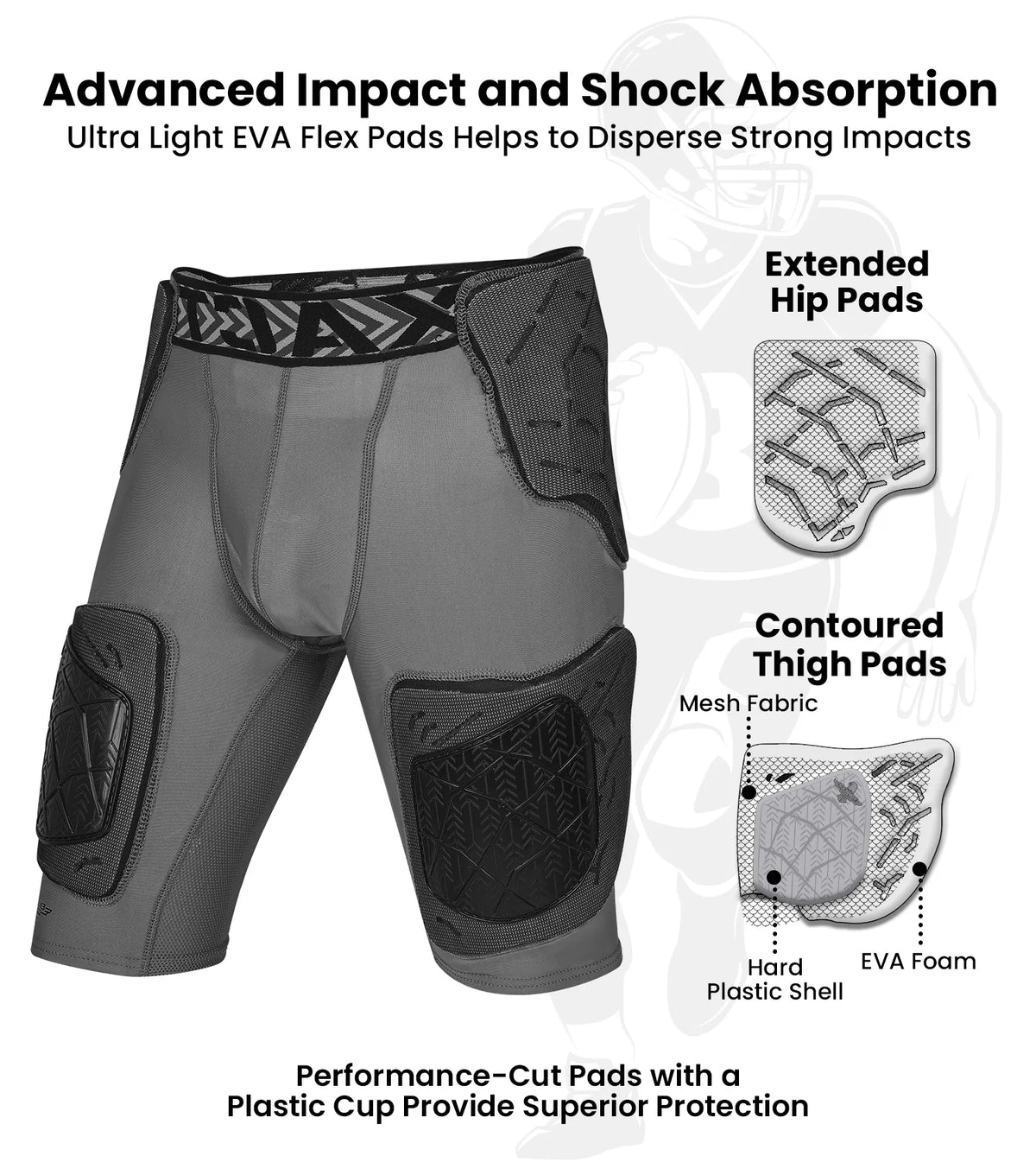 Exxact Sports Men’s Gladiator 5-pad Football Girdle with Cup Pocket - Gray