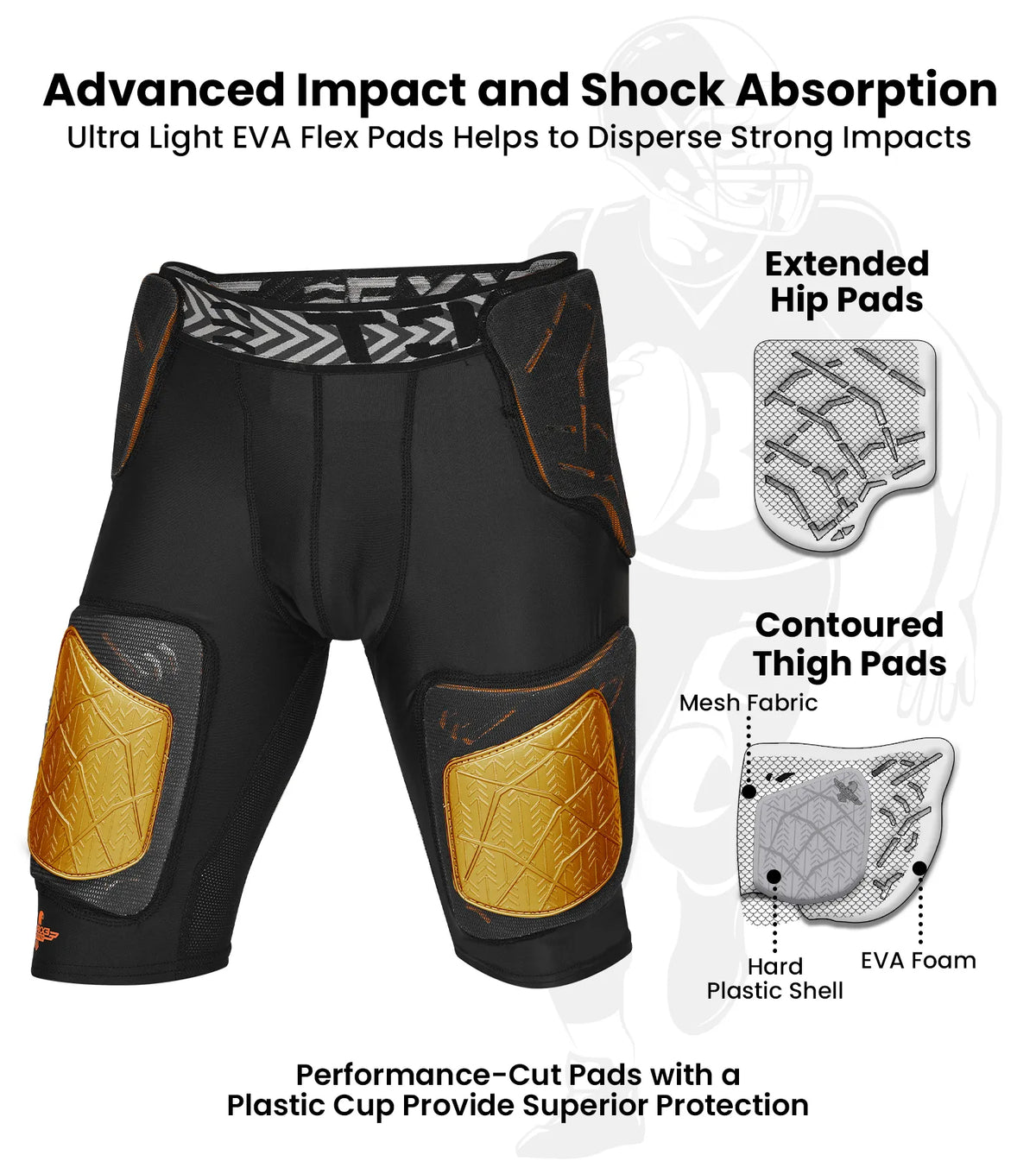 Exxact Sports Men’s Gladiator 5-pad Football Girdle with Cup Pocket - Black Gold