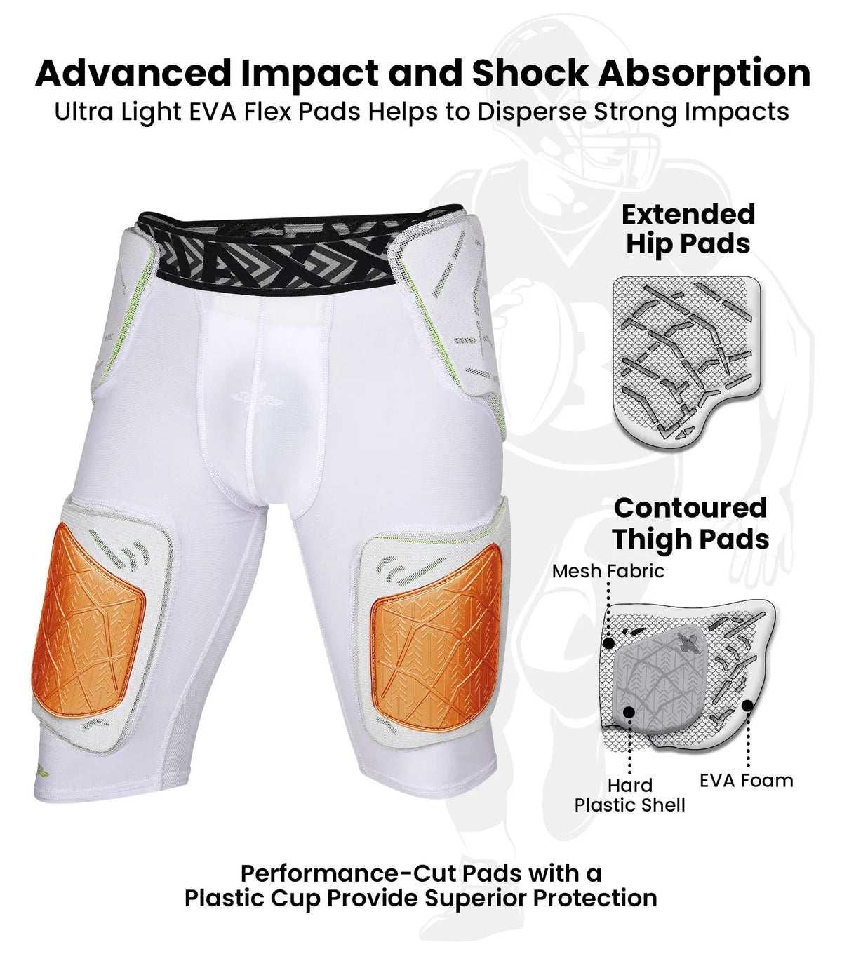 Exxact Sports Men’s Gladiator 5-pad Football Girdle with Cup Pocket - White Bronze