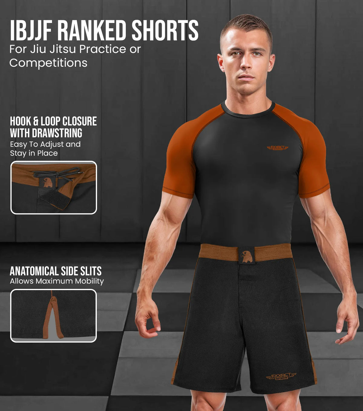Exxact Sports Men’s Mma Shorts Ibjjf Ranked no Gi Bjj Jiu Jitsu for Grappling Boxing Cross Training - Brown