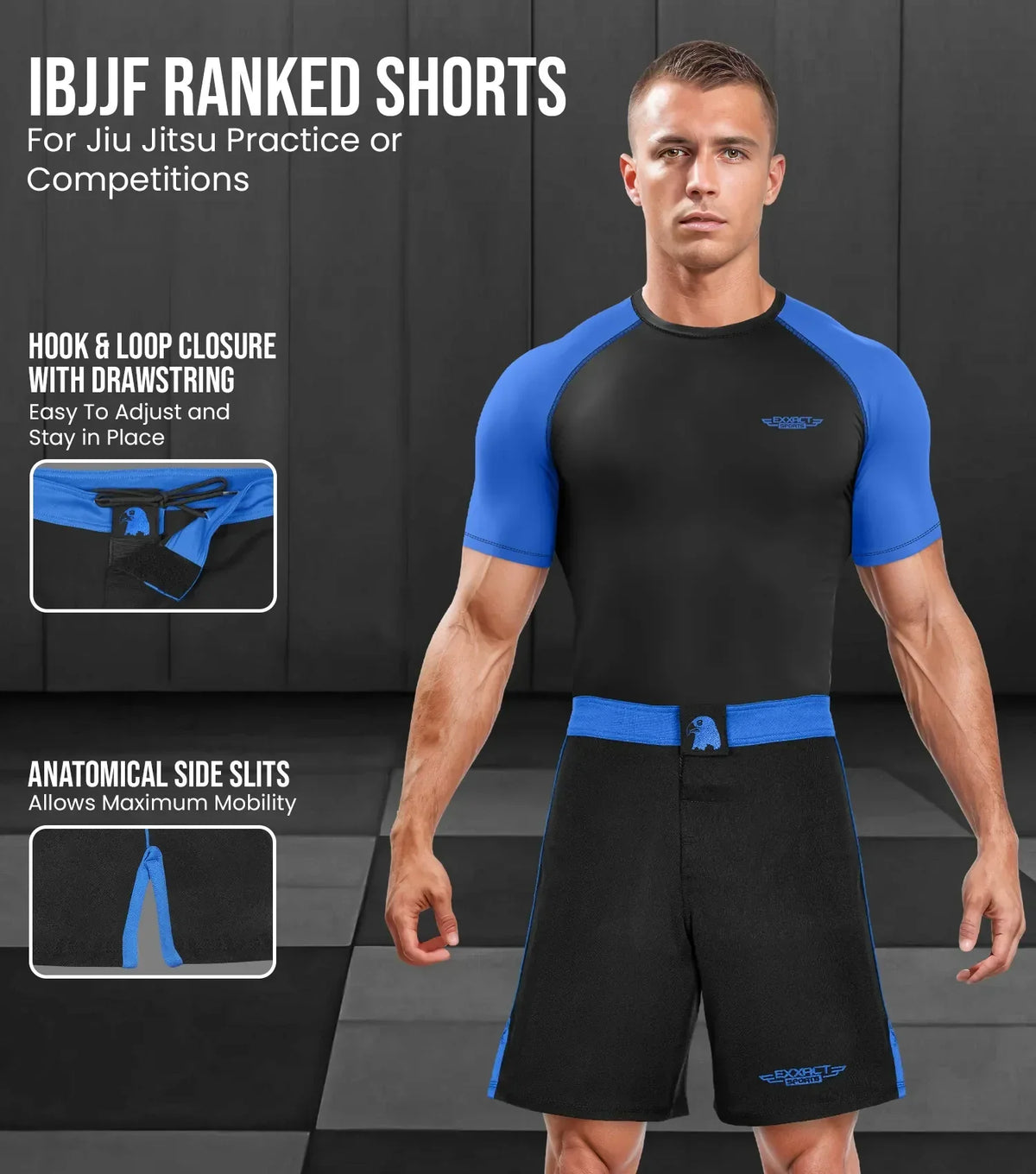 Exxact Sports Men’s Mma Shorts Ibjjf Ranked no Gi Bjj Jiu Jitsu for Grappling Boxing Cross Training - Royal Blue