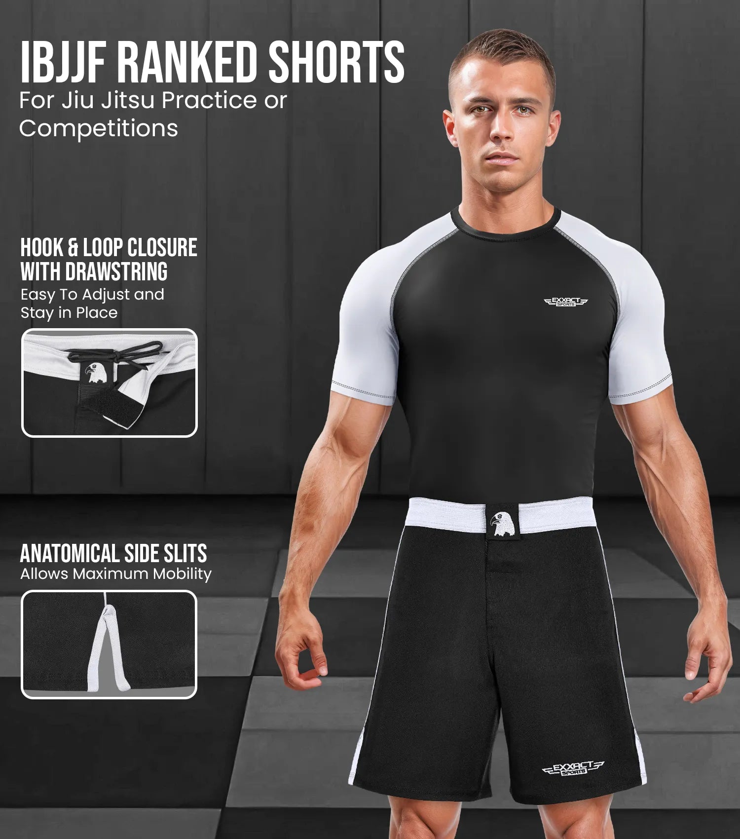 Exxact Sports Men’s Mma Shorts Ibjjf Ranked no Gi Bjj Jiu Jitsu for Grappling Boxing Cross Training - White