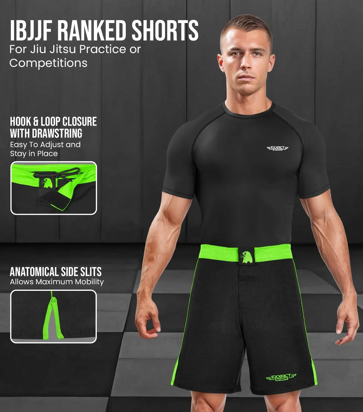 Exxact Sports Men’s Mma Shorts Ibjjf Ranked no Gi Bjj Jiu Jitsu for Grappling Boxing Cross Training - Neon Green