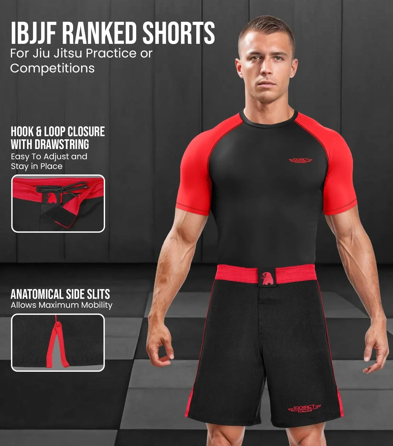 Exxact Sports Men’s Mma Shorts Ibjjf Ranked no Gi Bjj Jiu Jitsu for Grappling Boxing Cross Training - Red