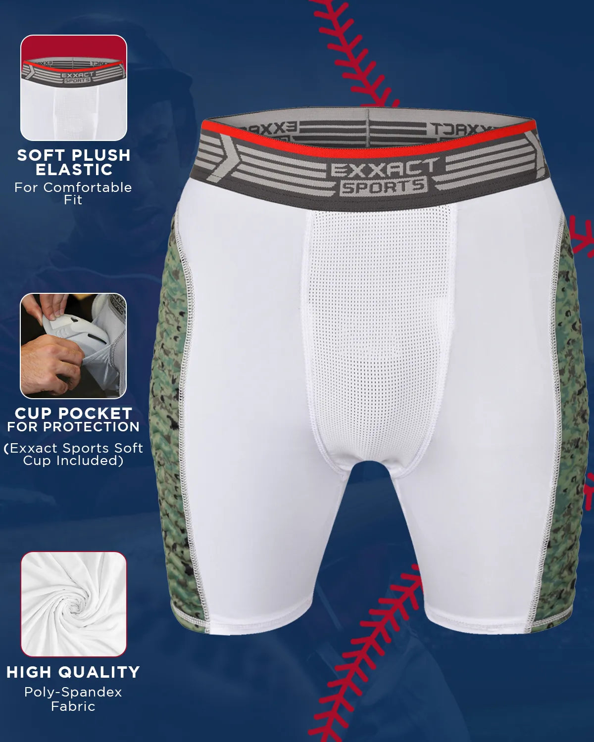 Exxact Sports Men’s Padded Compression Sliding Shorts with Soft Athletic Cup - White Green