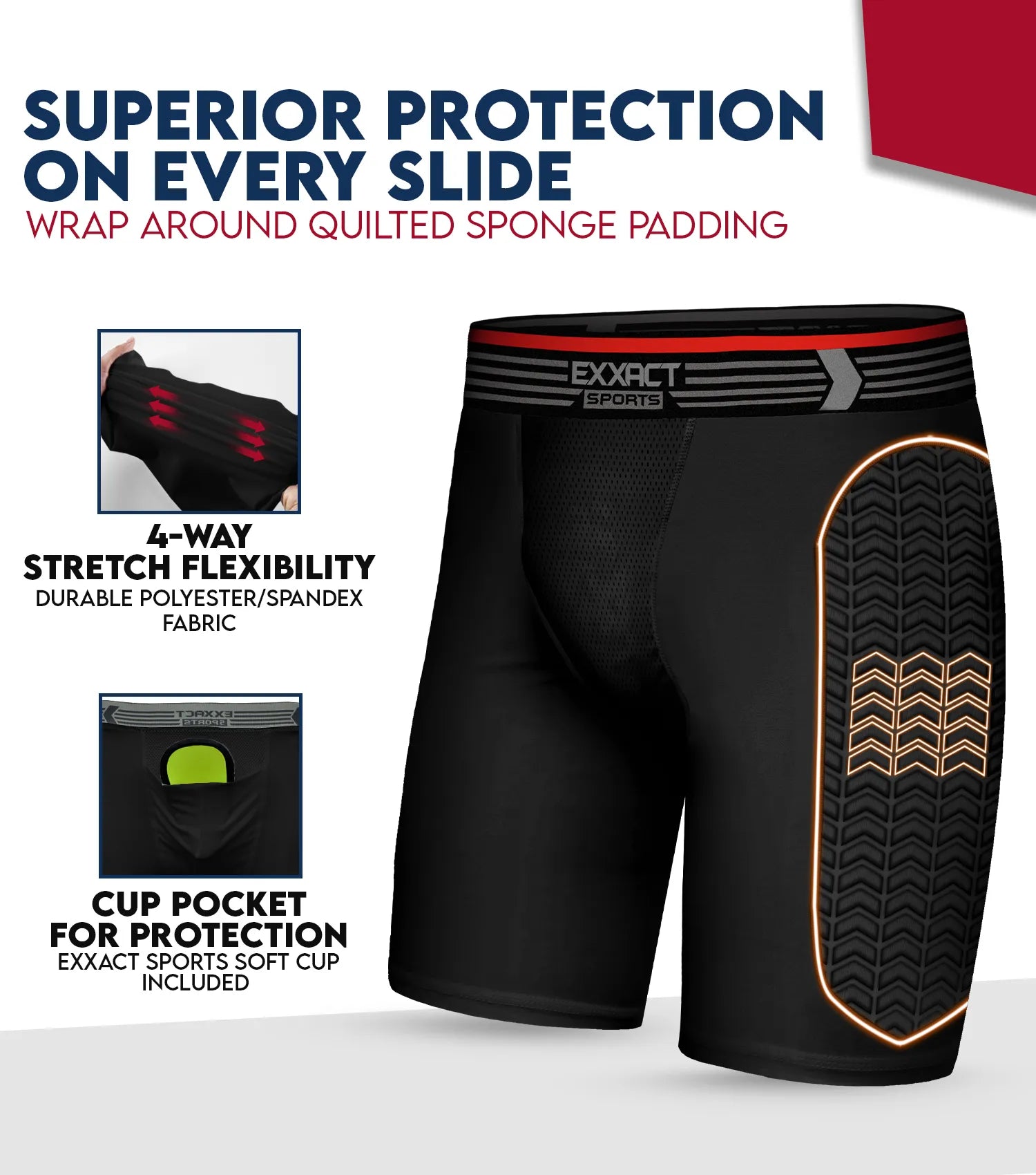 Exxact Sports Men’s Padded Compression Sliding Shorts with Soft Athletic Cup - Black - Small