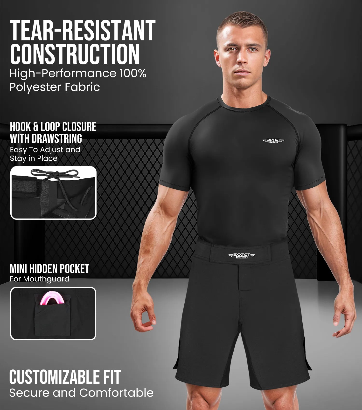 Exxact Sports Men’s Pro Mma Shorts No-gi Bjj Jiu Jitsu for Boxing Ufc & Cross Training - Black