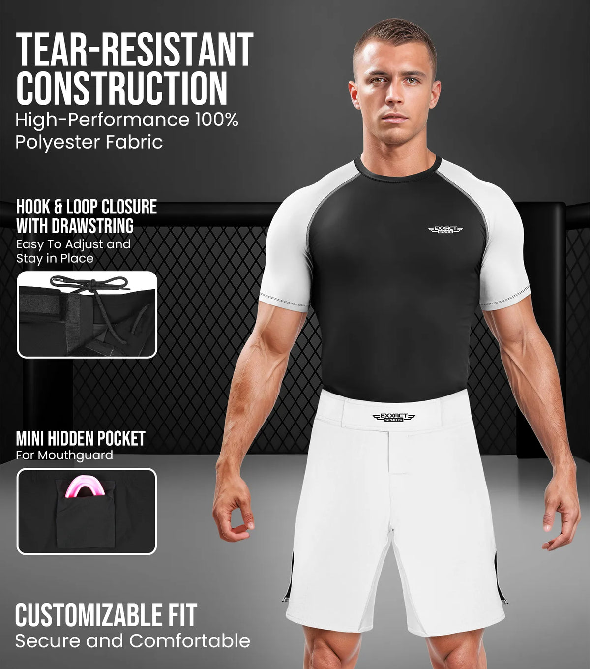 Exxact Sports Men’s Pro Mma Shorts No-gi Bjj Jiu Jitsu for Boxing Ufc & Cross Training - White