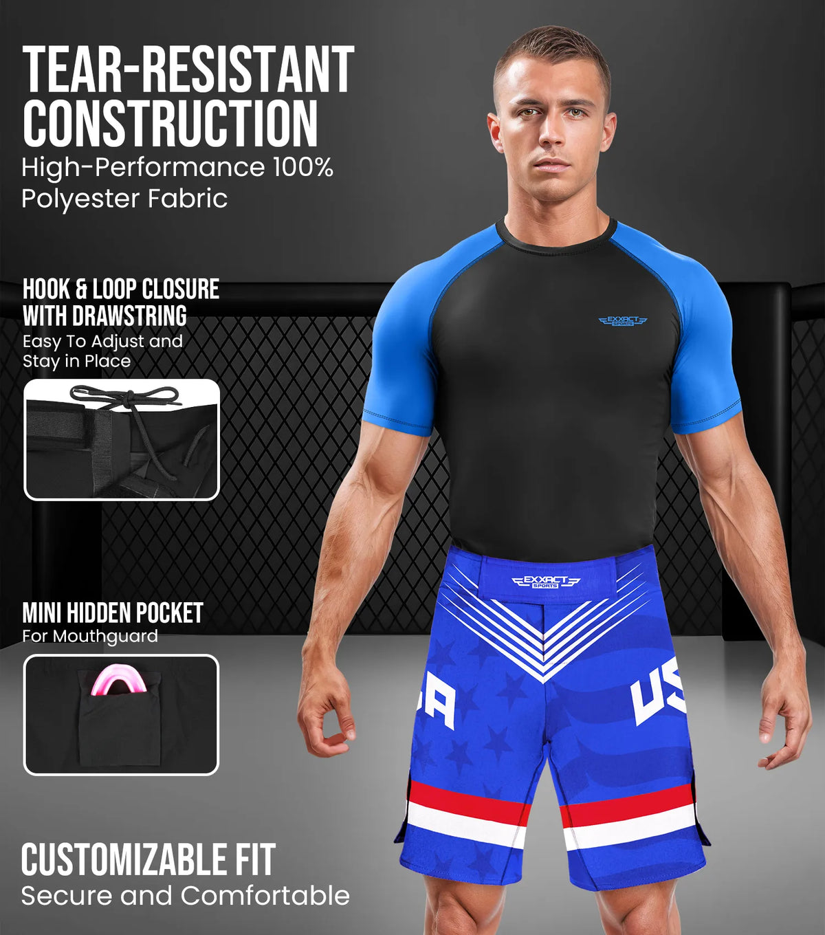 Exxact Sports Men’s Pro Mma Shorts No-gi Bjj Jiu Jitsu for Boxing Ufc & Cross Training - Royal Blue Usa
