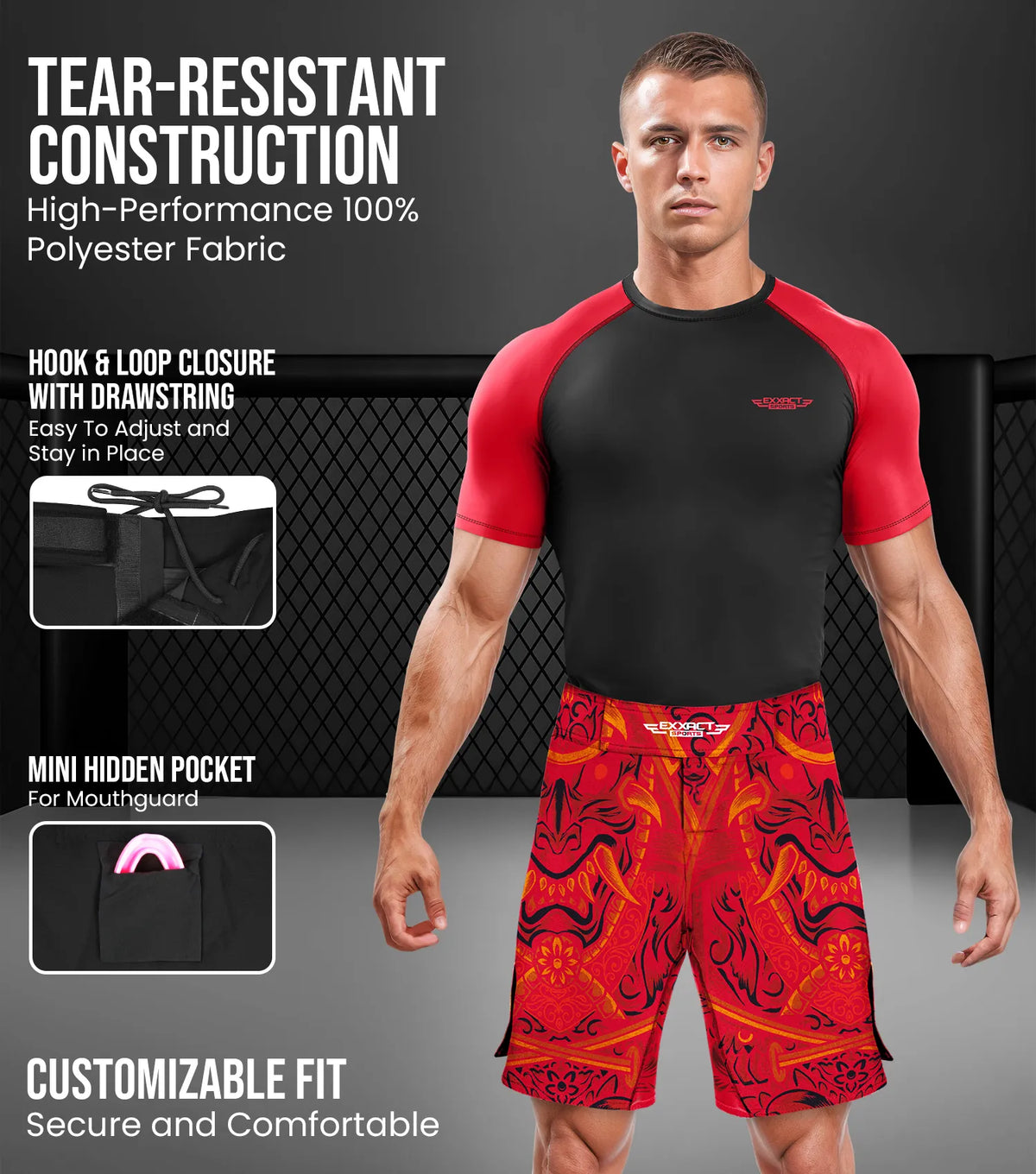 Exxact Sports Men’s Pro Mma Shorts No-gi Bjj Jiu Jitsu for Boxing Ufc & Cross Training - Red Samurai