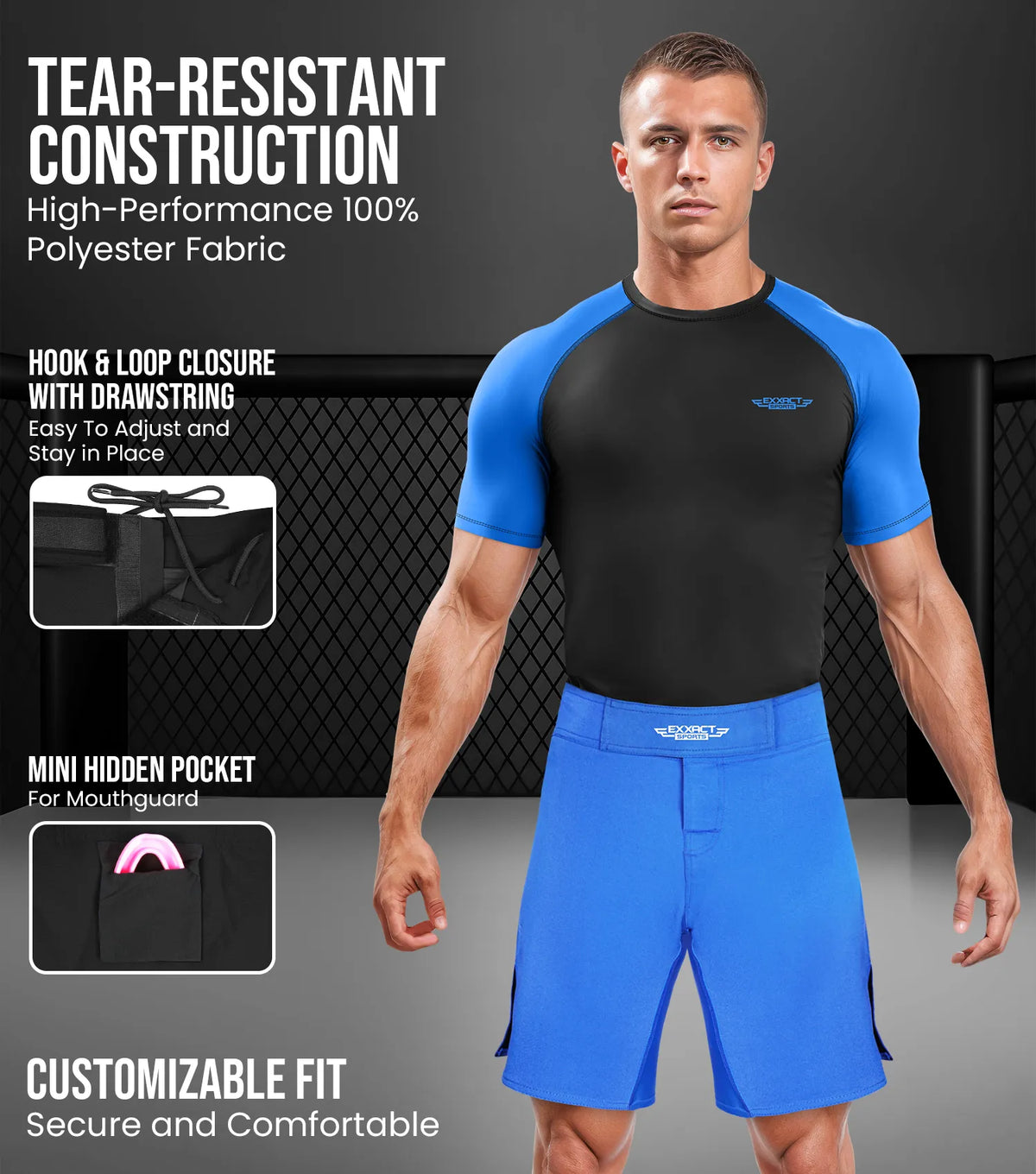 Exxact Sports Men’s Pro Mma Shorts No-gi Bjj Jiu Jitsu for Boxing Ufc & Cross Training - Royal Blue