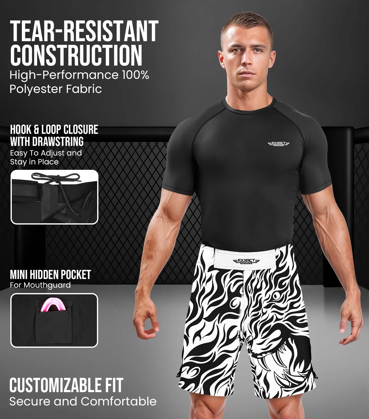 Exxact Sports Men’s Pro Mma Shorts No-gi Bjj Jiu Jitsu for Boxing Ufc & Cross Training - White Tiger