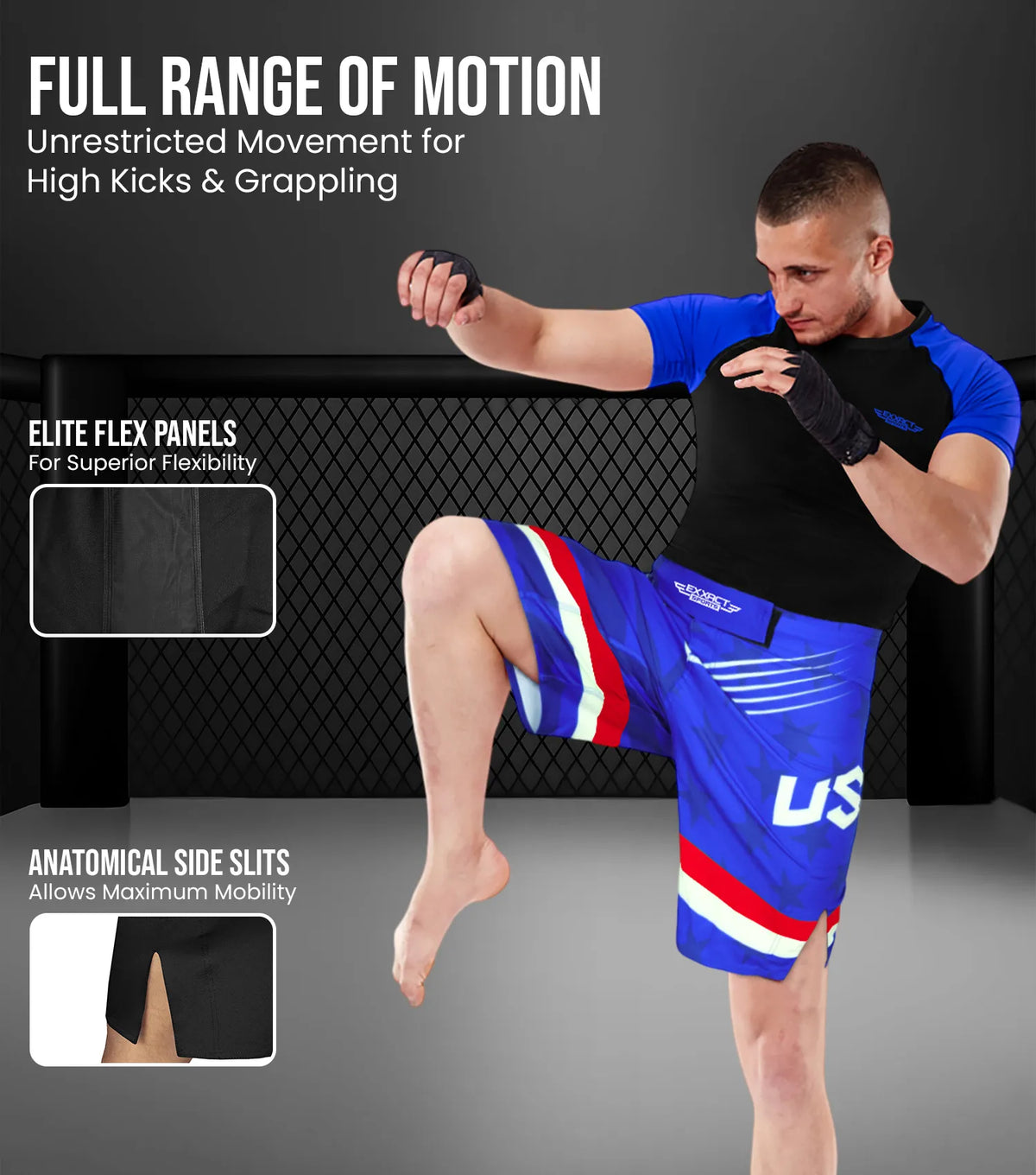 Exxact Sports Men’s Pro Mma Shorts No-gi Bjj Jiu Jitsu for Boxing Ufc & Cross Training - Royal Blue Usa