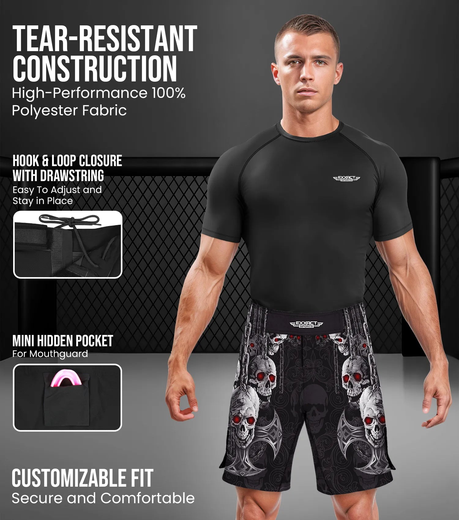 Exxact Sports Men’s Pro Mma Shorts No-gi Bjj Jiu Jitsu for Boxing Ufc & Cross Training hanging - Skull