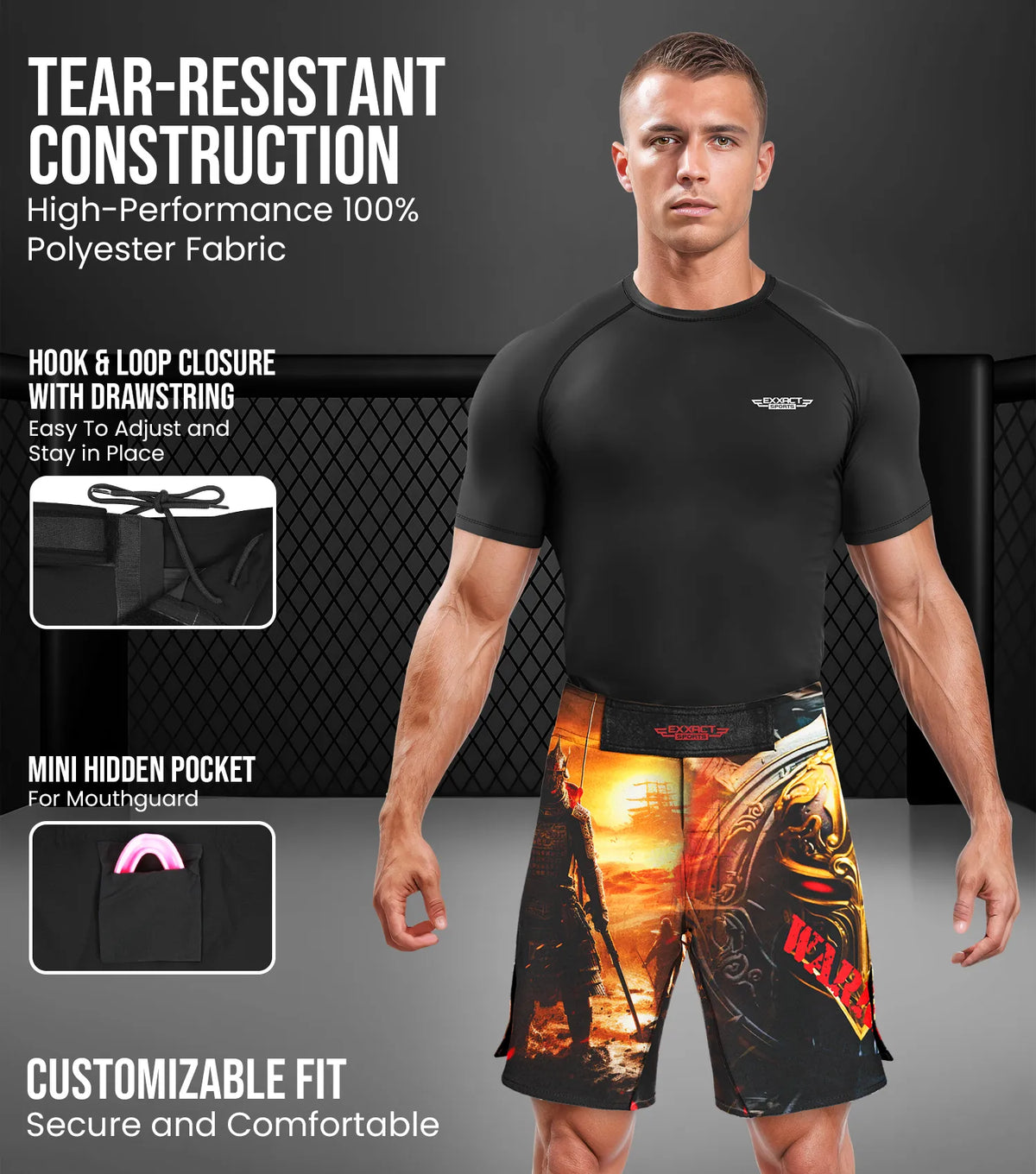 Exxact Sports Men’s Pro Mma Shorts No-gi Bjj Jiu Jitsu for Boxing Ufc & Cross Training - Warrior