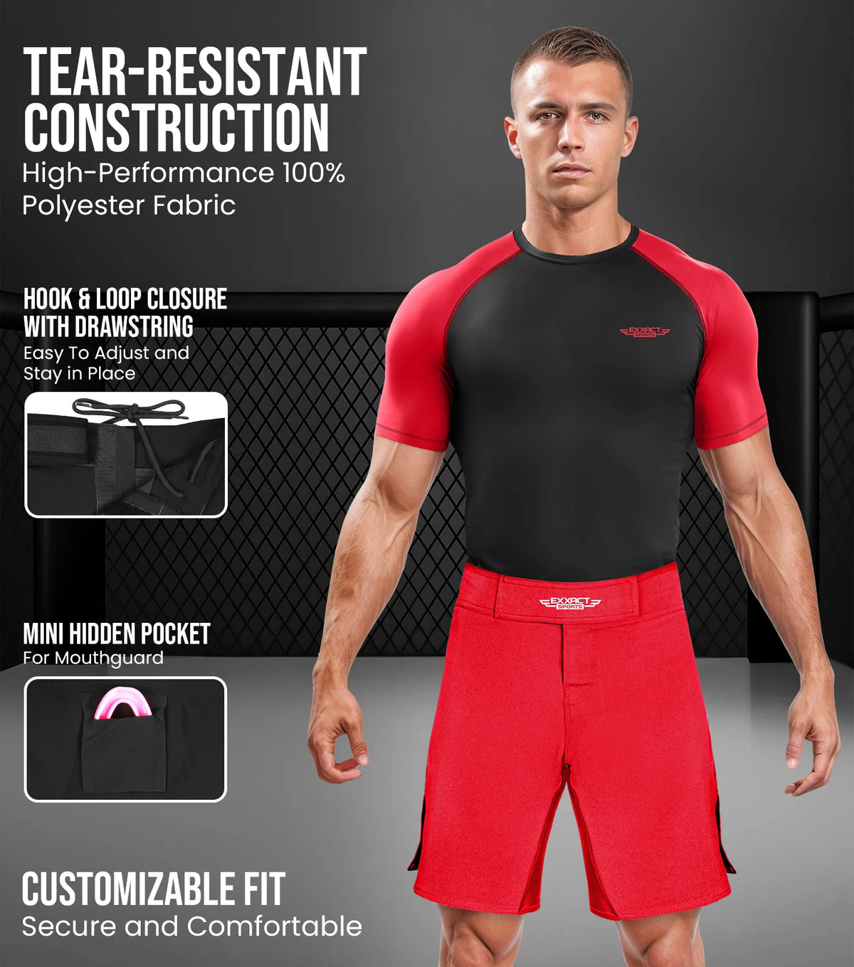 Exxact Sports Men’s Pro Mma Shorts No-gi Bjj Jiu Jitsu for Boxing Ufc & Cross Training - Red