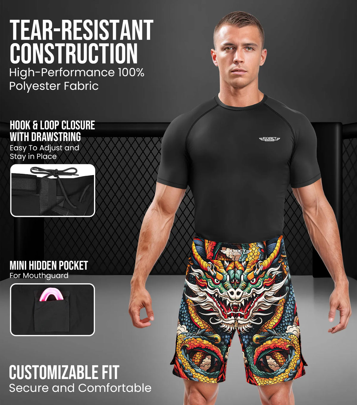 Exxact Sports Men’s Pro Mma Shorts No-gi Bjj Jiu Jitsu for Boxing Ufc & Cross Training - Dragon