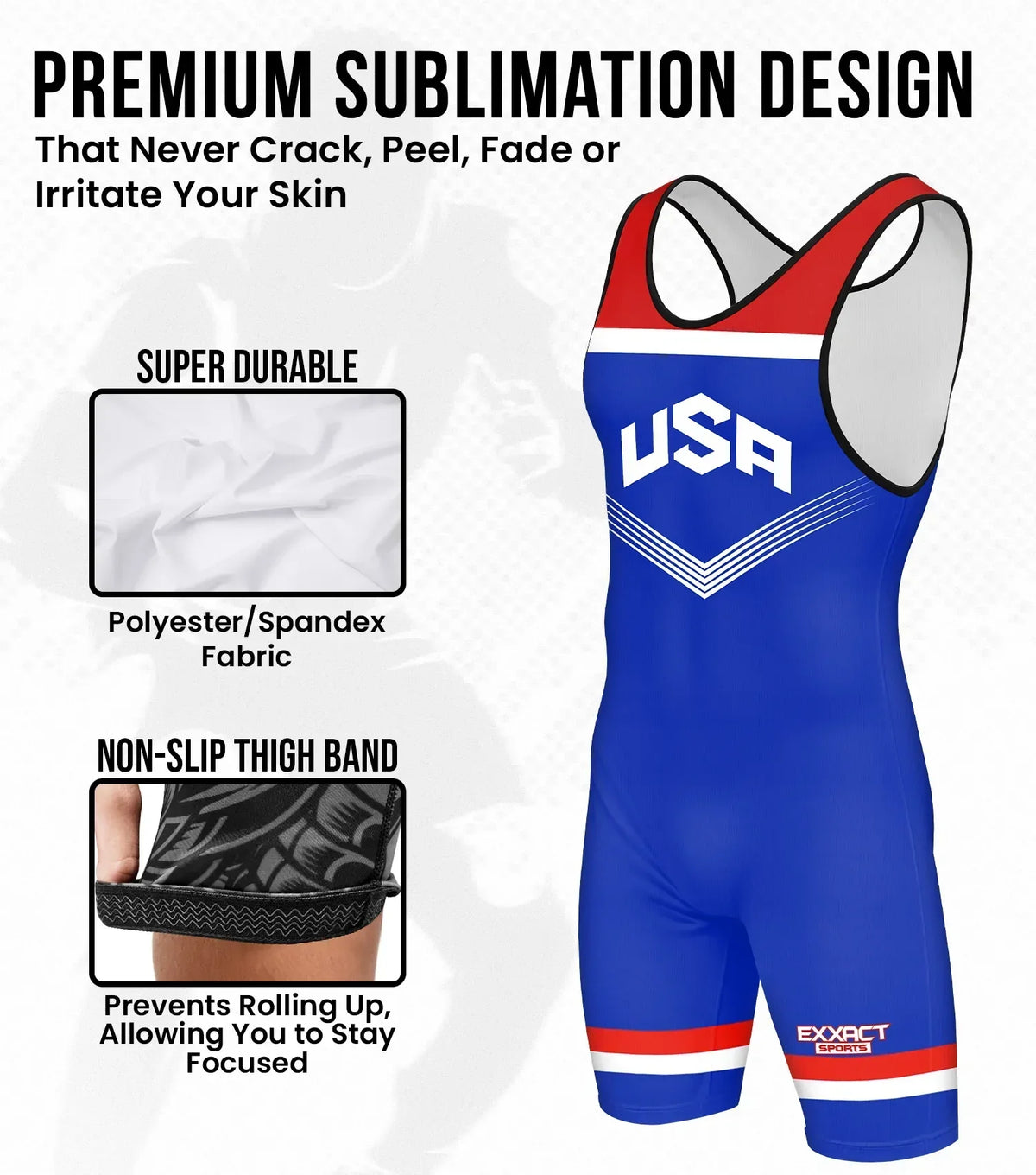 Exxact Sports Men’s Sublimated Wrestling Singlets - Royal Blue Usa