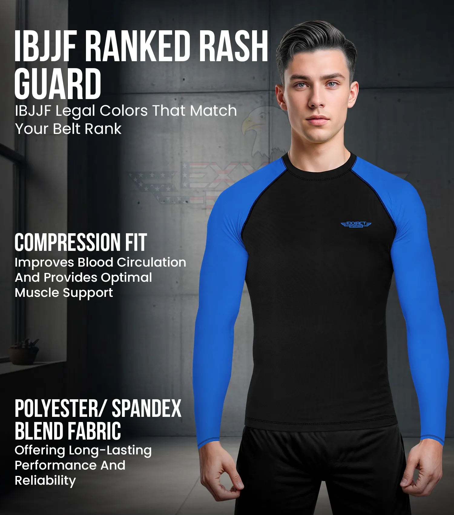 Exxact Sports Men’sbjj Rash Guard Long Sleeve - Royal Blue
