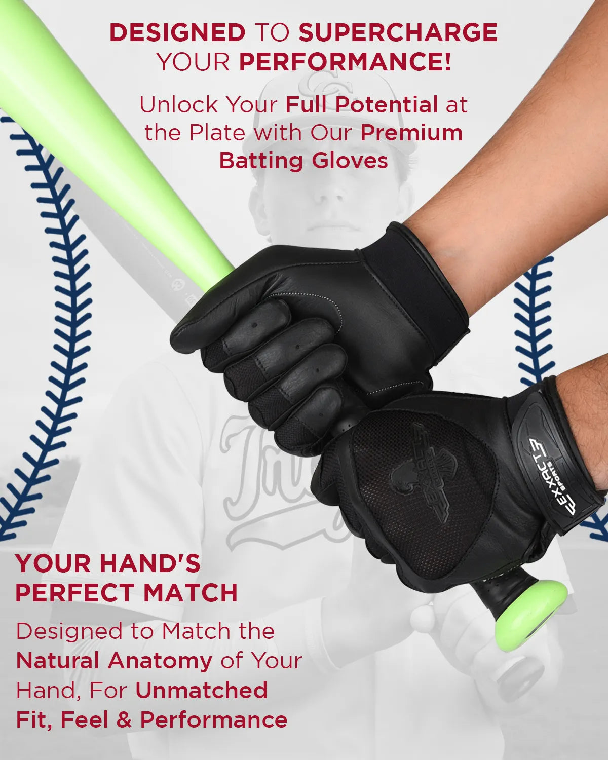 Exxact Sports Padded Baseball Batting Gloves for Men & Women - Black