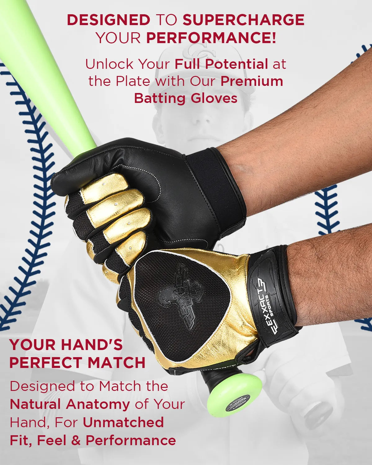 Exxact Sports Padded Baseball Batting Gloves for Men & Women - Black Gold