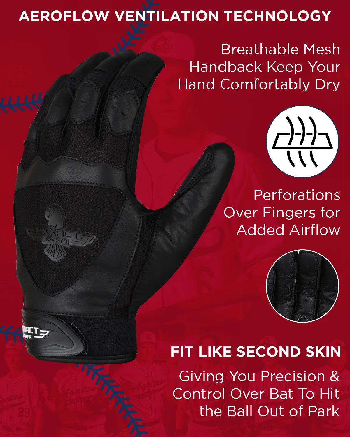 Exxact Sports Padded Baseball Batting Gloves for Men & Women - Black