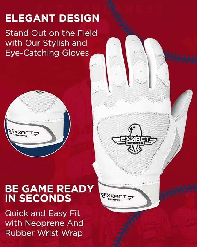 Exxact Sports Padded Baseball Batting Gloves for Men & Women - White