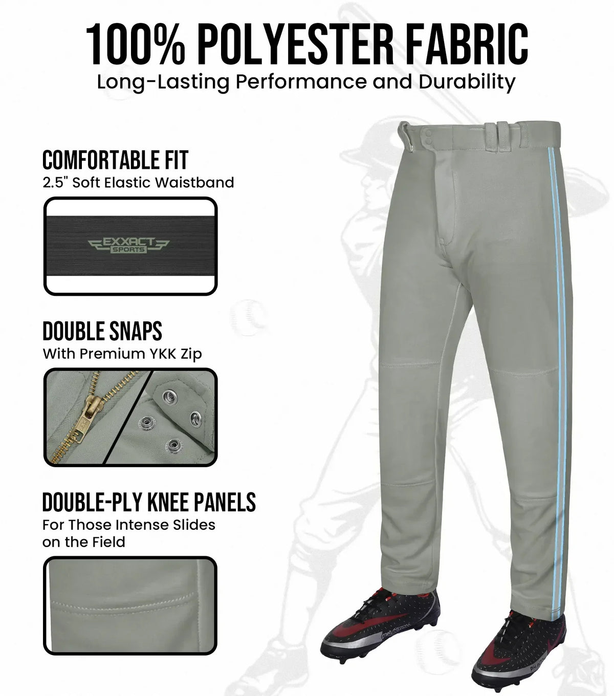 Exxact Sports Proline Adult Full Length Baseball Pants with Stripes - Gray
