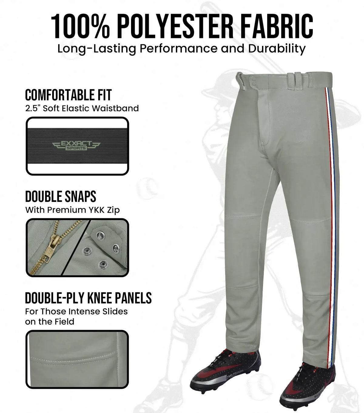 Exxact Sports Proline Adult Full Length Baseball Pants with Stripes - Gray