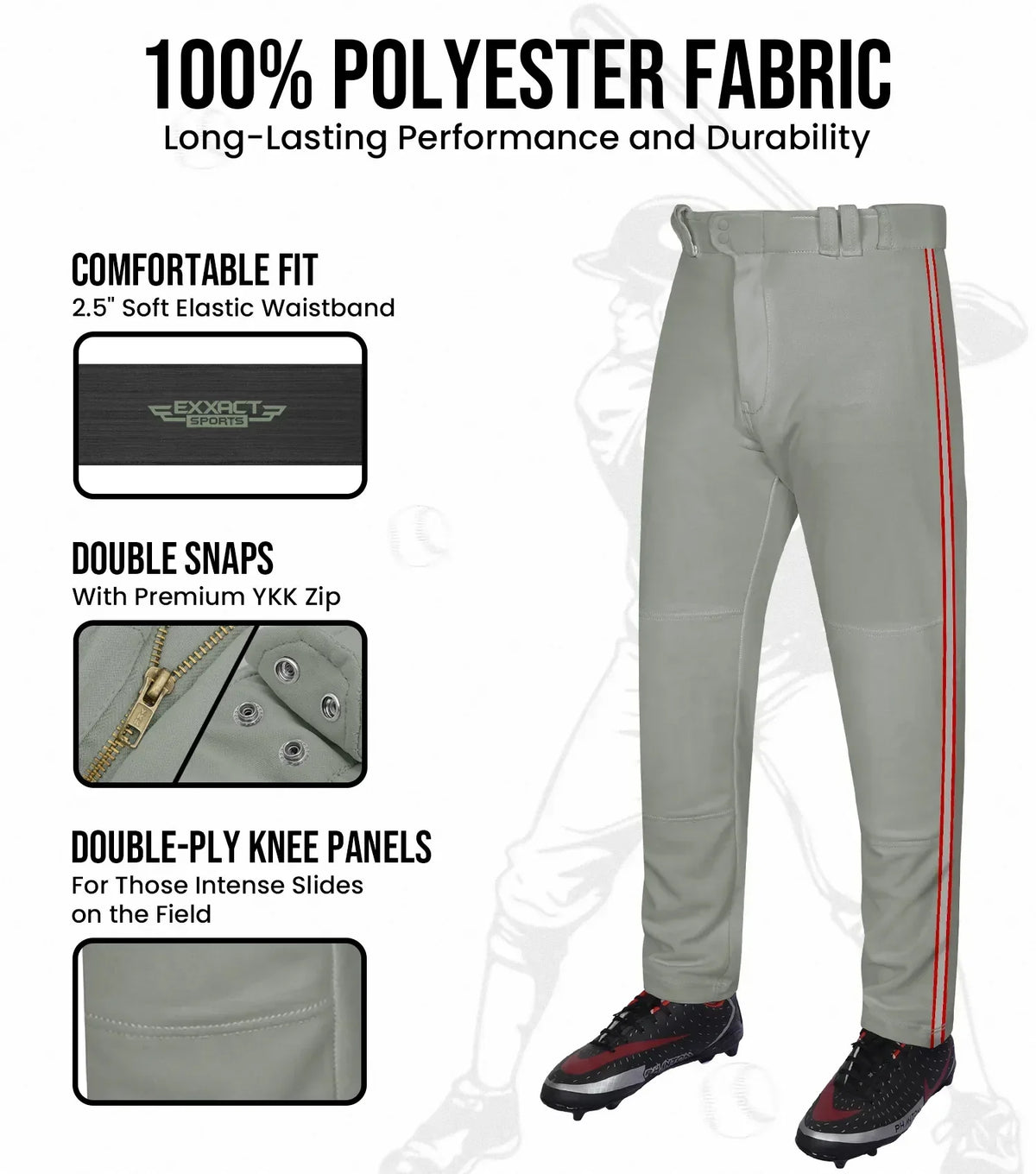Exxact Sports Proline Adult Full Length Baseball Pants with Stripes - Gray