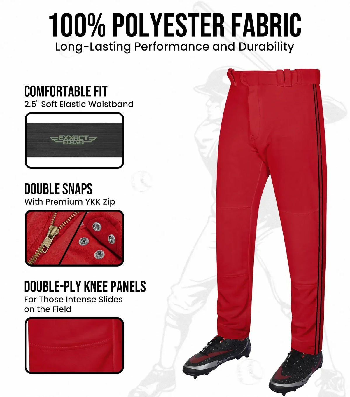 Exxact Sports Proline Adult Full Length Baseball Pants with Stripes - Red