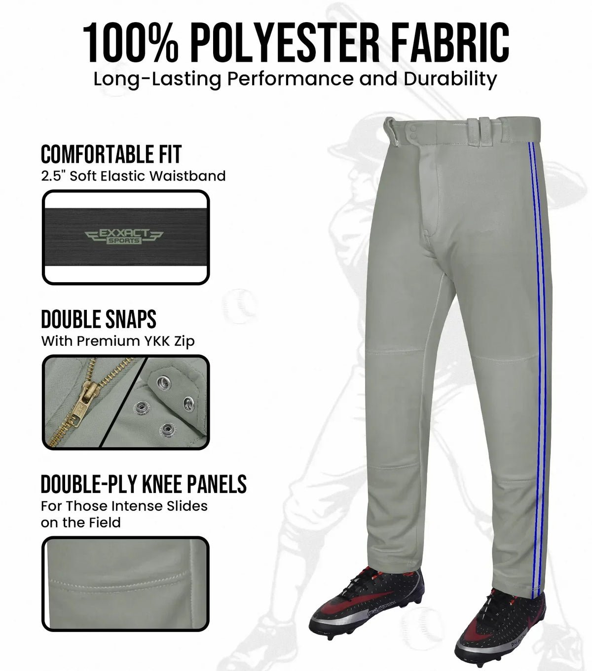 Exxact Sports Proline Adult Full Length Baseball Pants with Stripes - Gray
