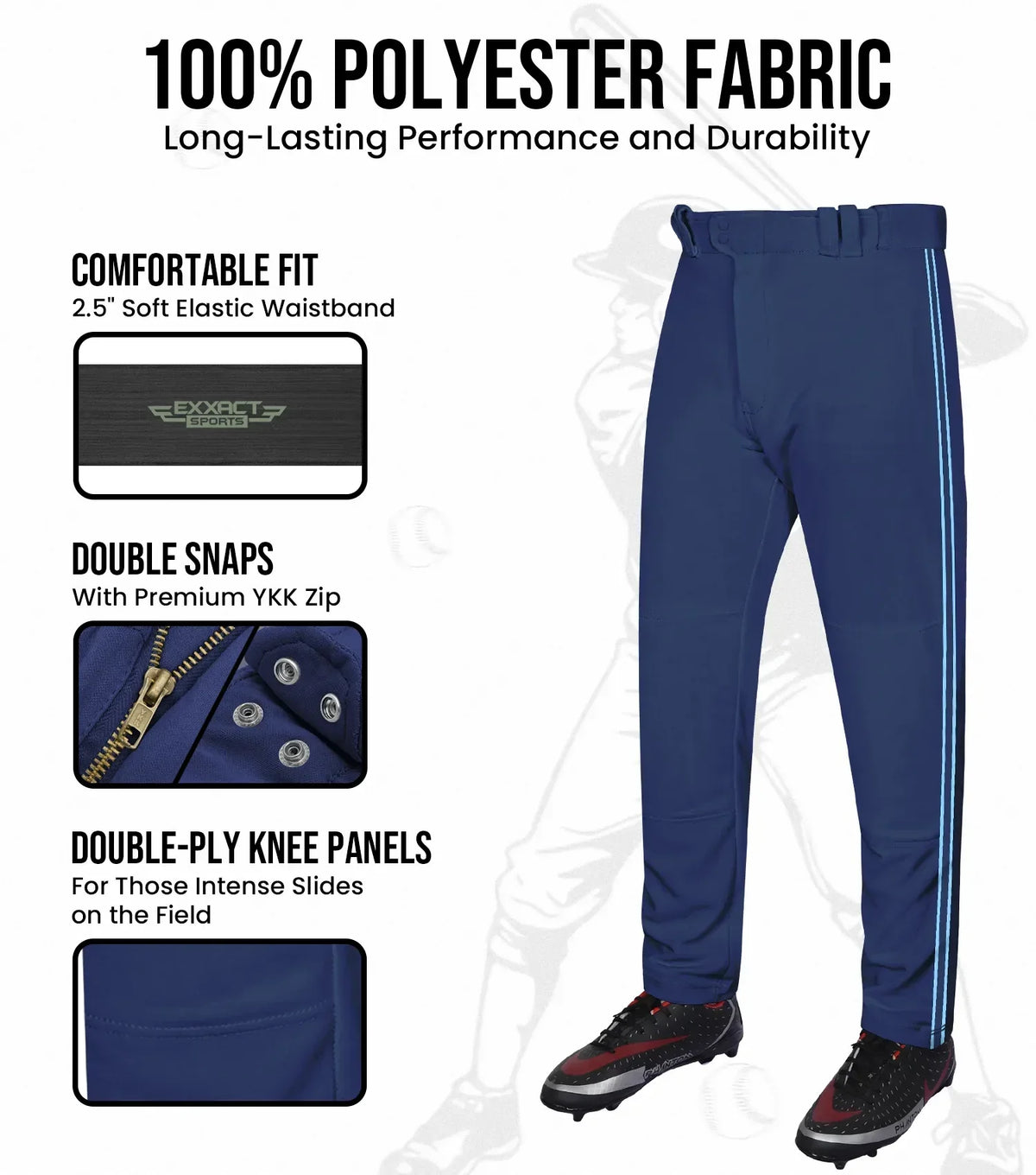 Exxact Sports Proline Adult Full Length Baseball Pants with Stripes - Navy