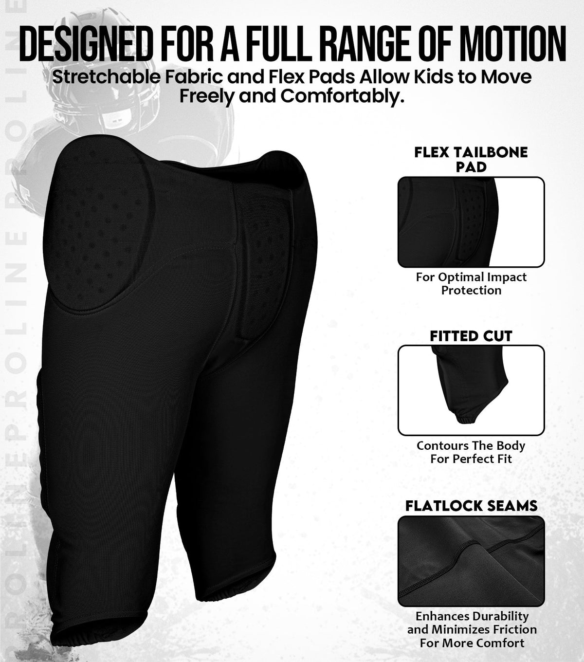 Exxact Sports Proline Boys Integrated Football Pants with 7 Flex Pad Youth - Black