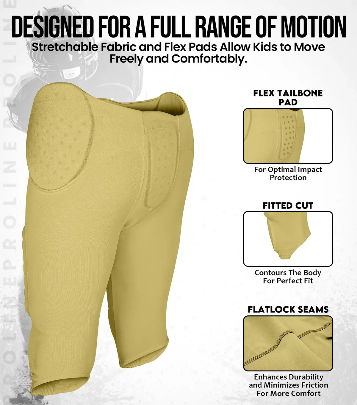 Exxact Sports Proline Boys Integrated Football Pants with 7 Flex Pads Youth - Vegas Gold