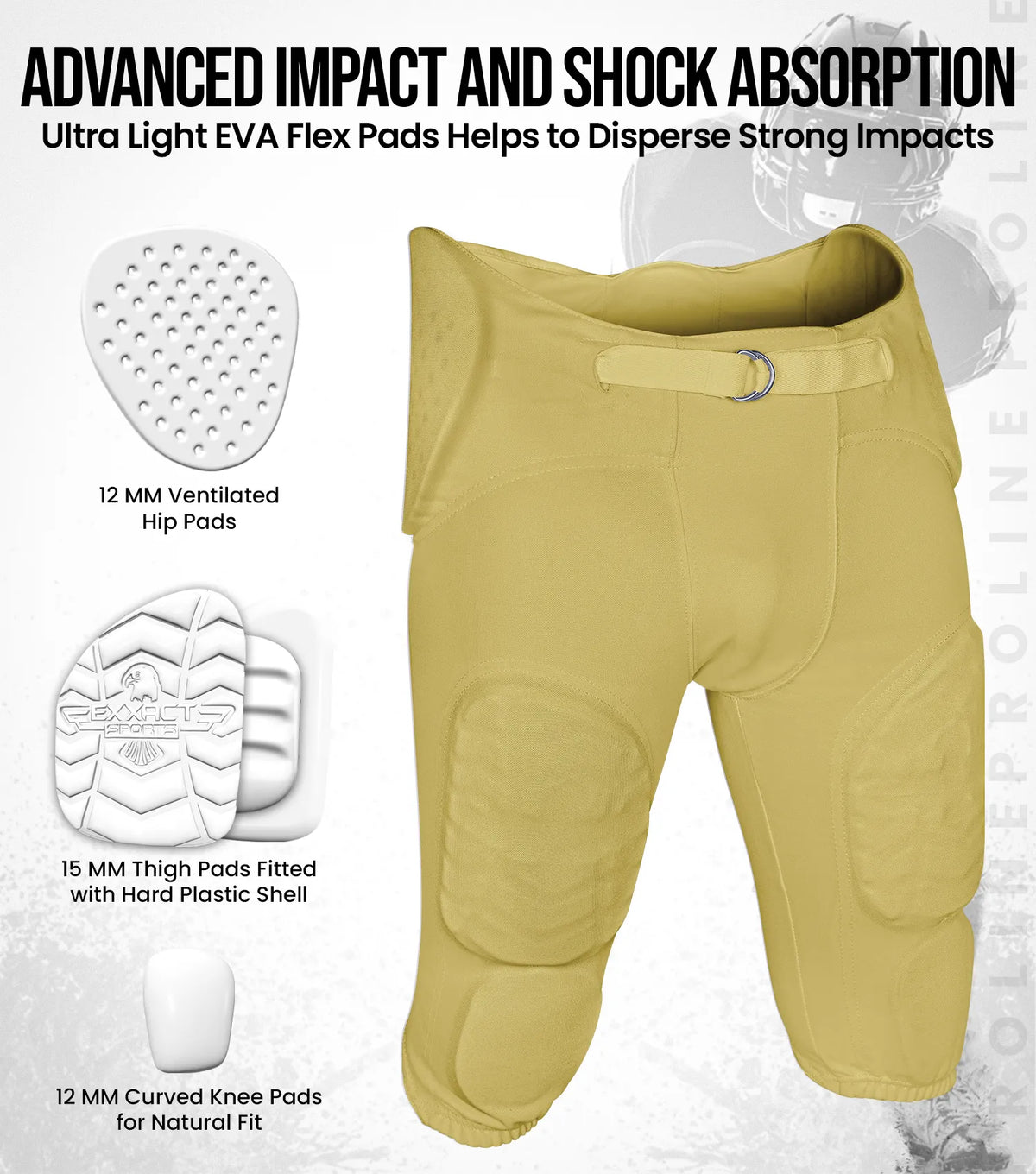 Exxact Sports Proline Boys Integrated Football Pants with 7 Flex Pads Youth - Vegas Gold