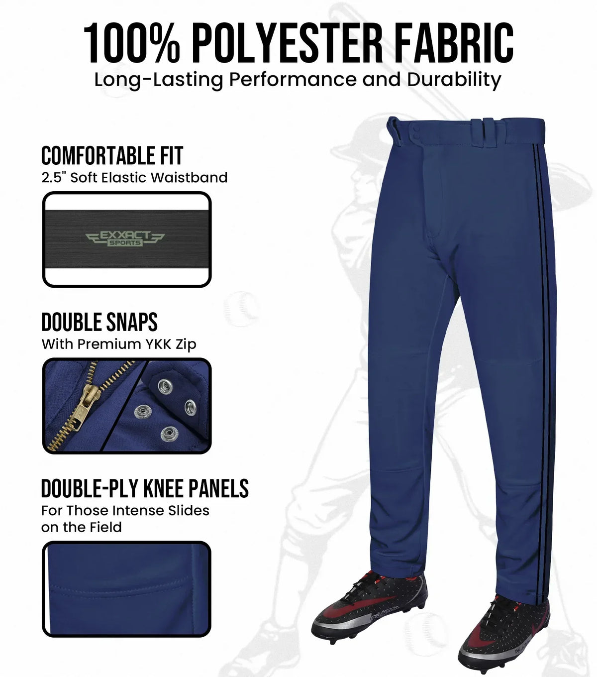 Exxact Sports Proline Youth Full Length Baseball Pants with Stripes - Navy