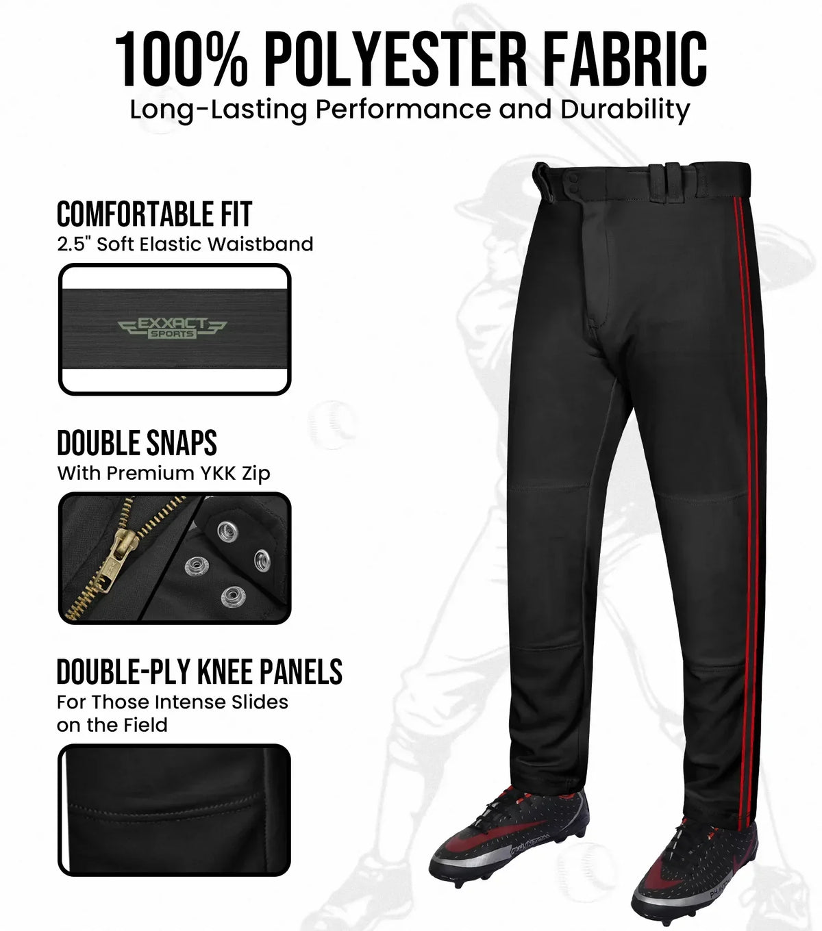 Exxact Sports Proline Youth Full Length Baseball Pants with Stripes - Black