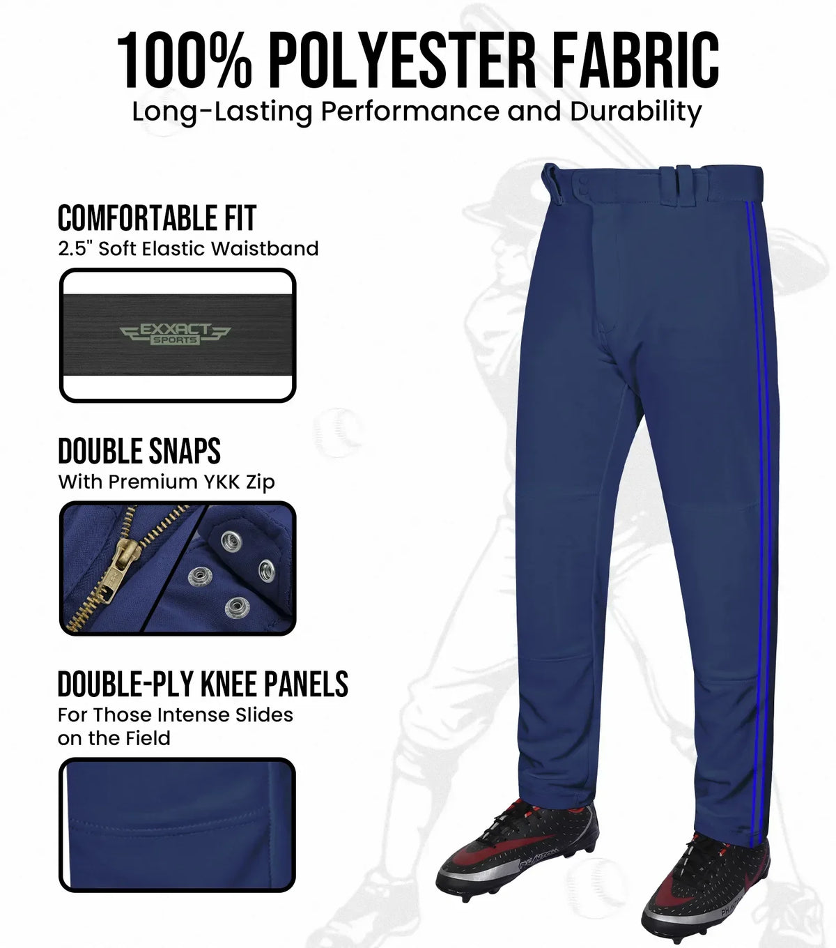 Exxact Sports Proline Youth Full Length Baseball Pants with Stripes - Navy