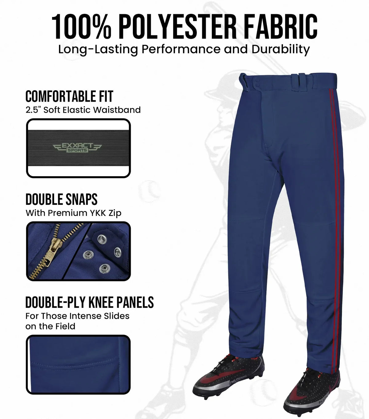 Exxact Sports Proline Youth Full Length Baseball Pants with Stripes - Navy