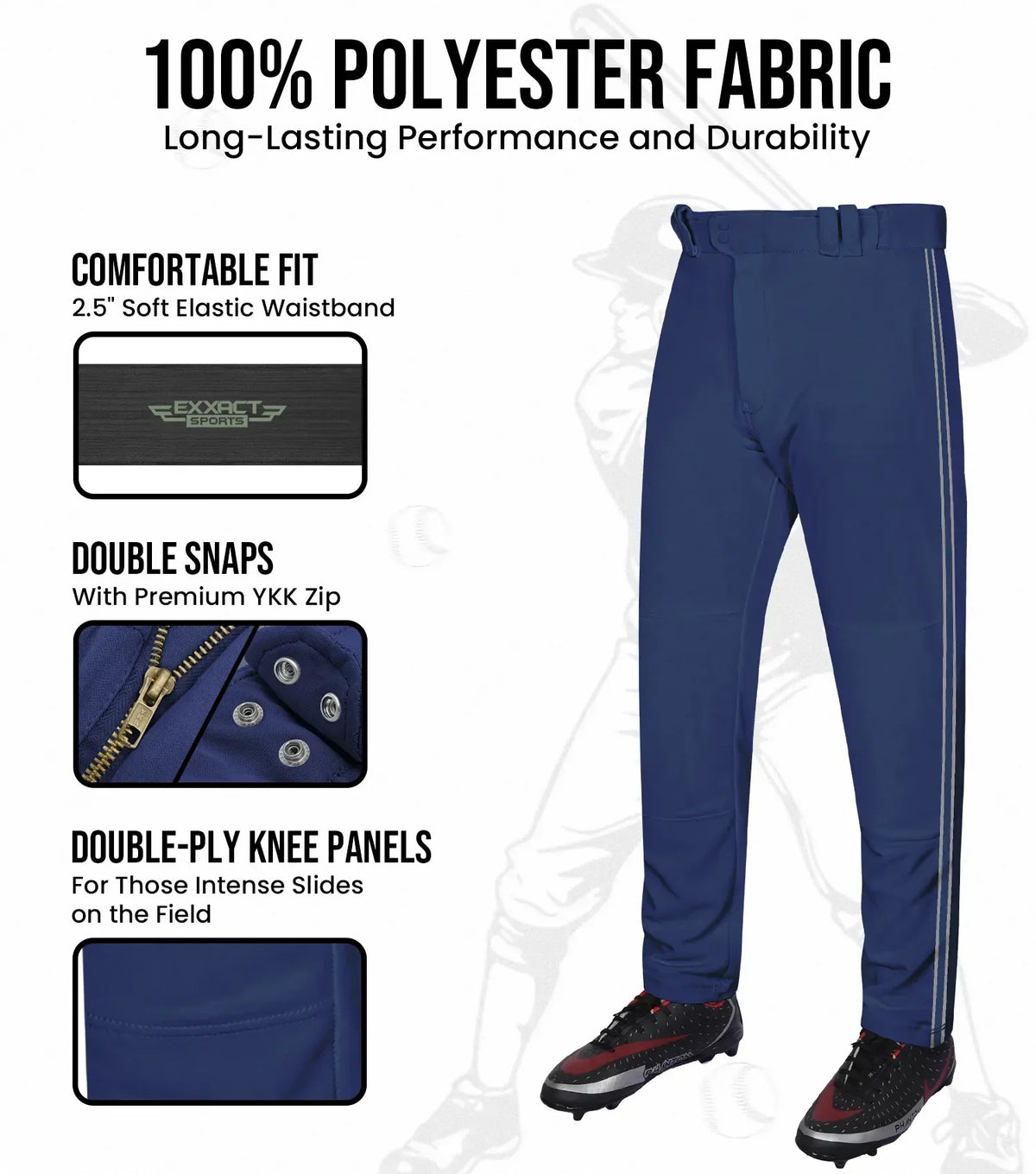 Exxact Sports Proline Youth Full Length Baseball Pants with Stripes - Navy
