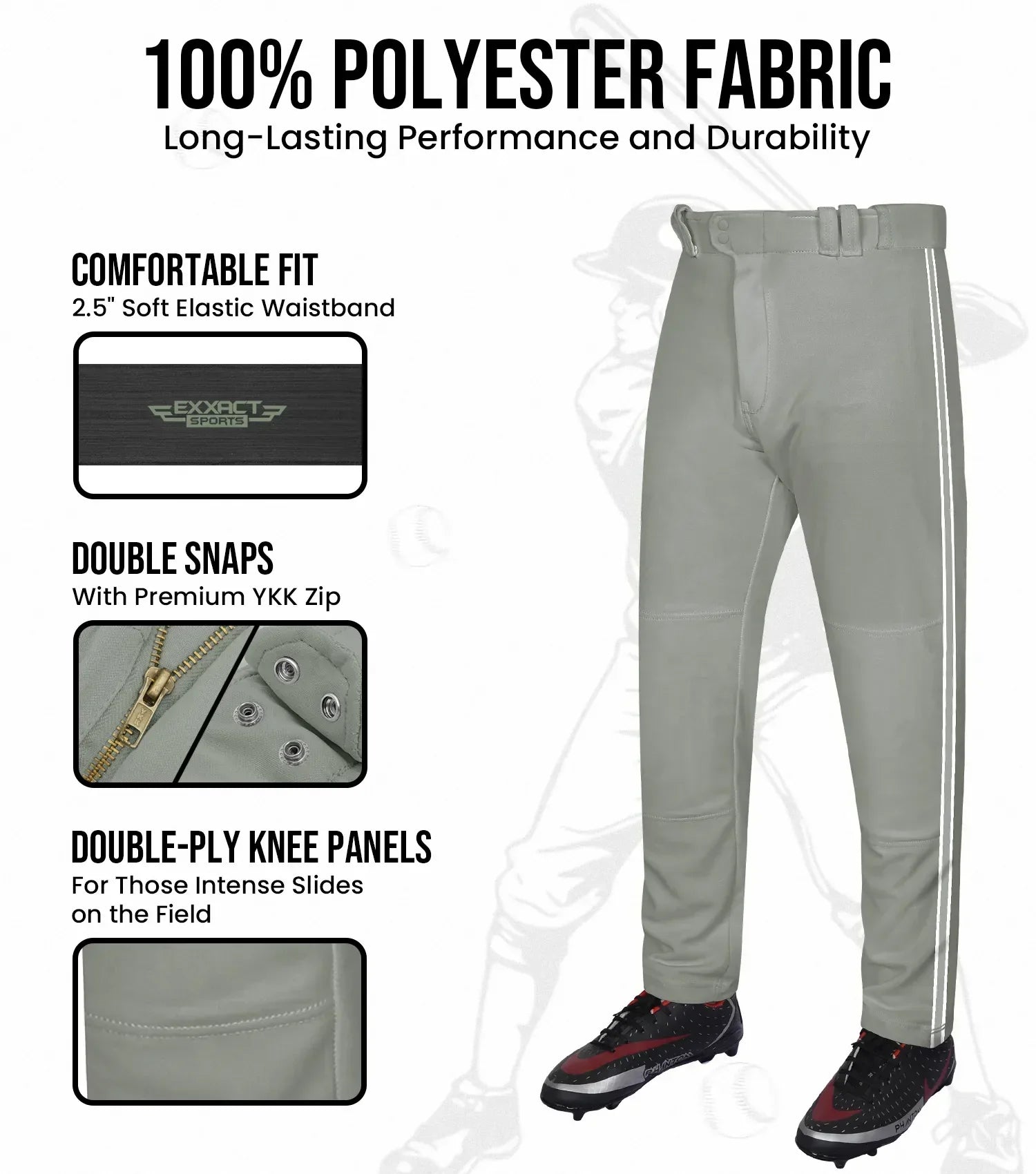 Exxact Sports Proline Youth Full Length Baseball Pants with Stripes - Gray - Gray/white / X-small
