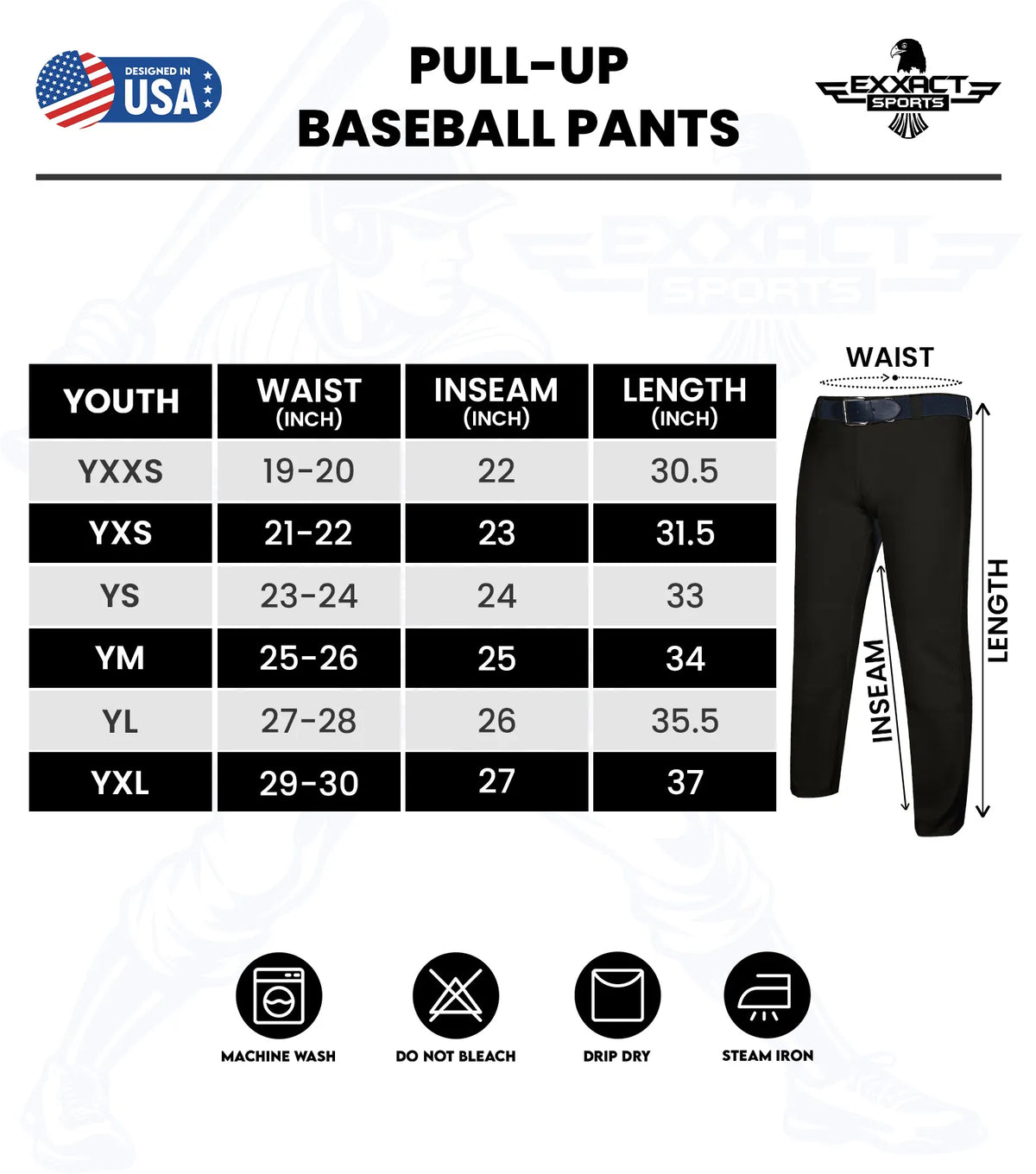 Exxact Sports Pull-up Boys Baseball Pants with Adjustable Drawstring Full Length & open bottom - Black
