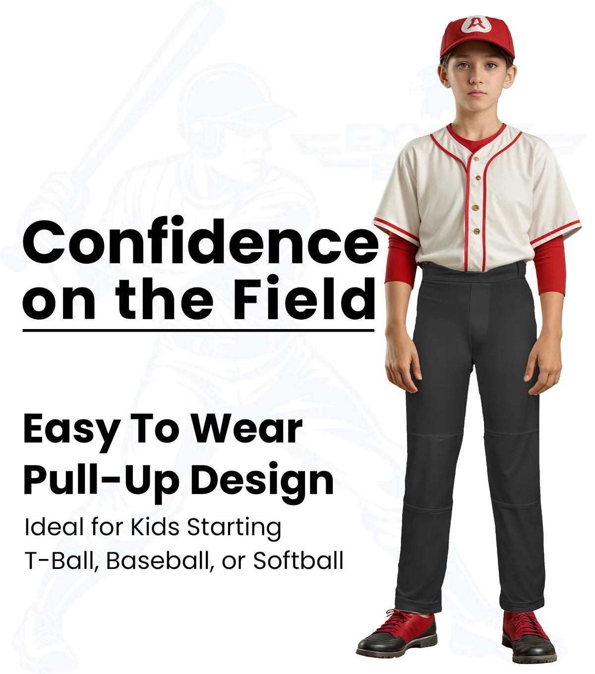 Exxact Sports Pull-up Boys Baseball Pants with Adjustable Drawstring Full Length & open bottom - Black