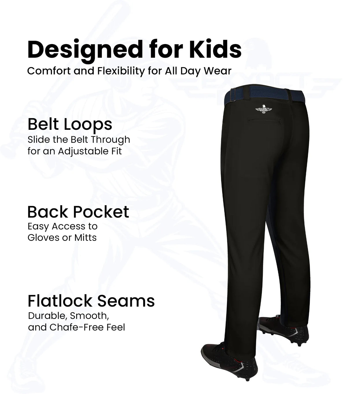 Exxact Sports Pull-up Boys Baseball Pants with Adjustable Drawstring Full Length & open bottom - Black