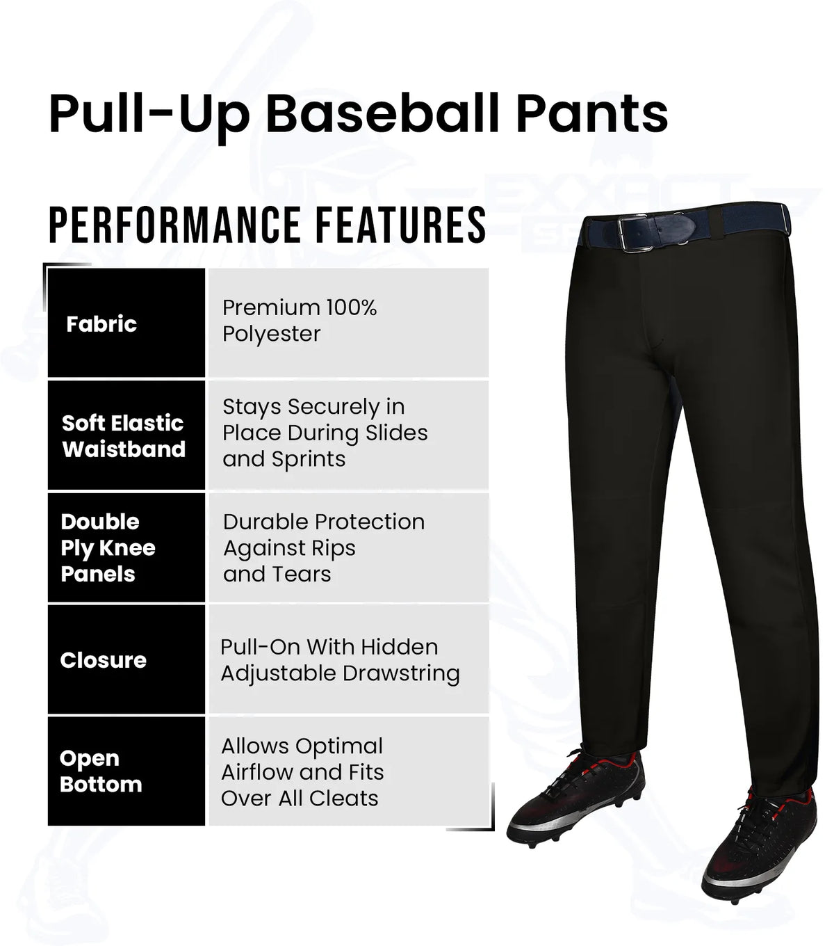 Exxact Sports Pull-up Boys Baseball Pants with Adjustable Drawstring Full Length & open bottom - Black