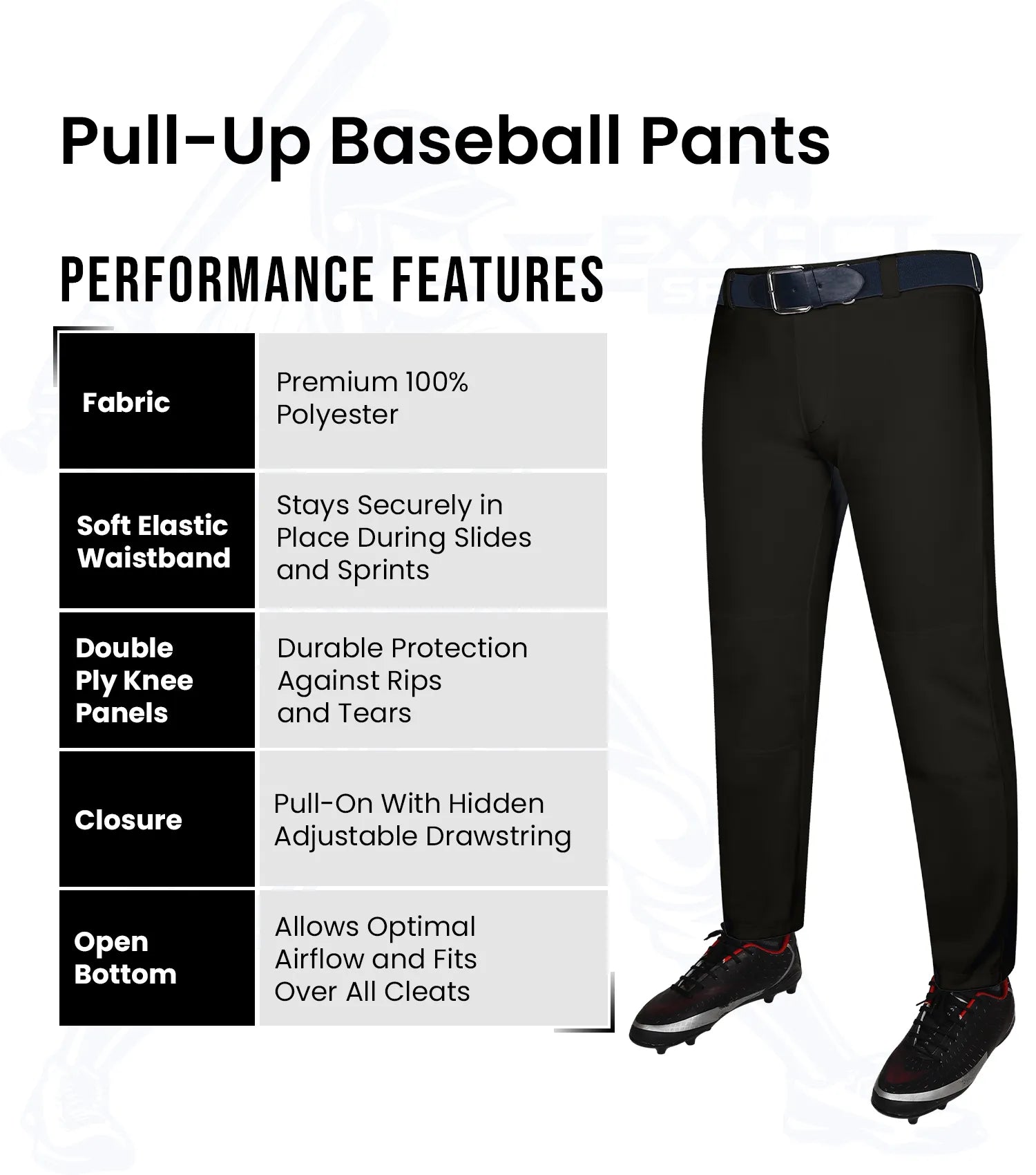 Exxact Sports Pull-up Boys Baseball Pants with Adjustable Drawstring Full Length & open bottom - Black