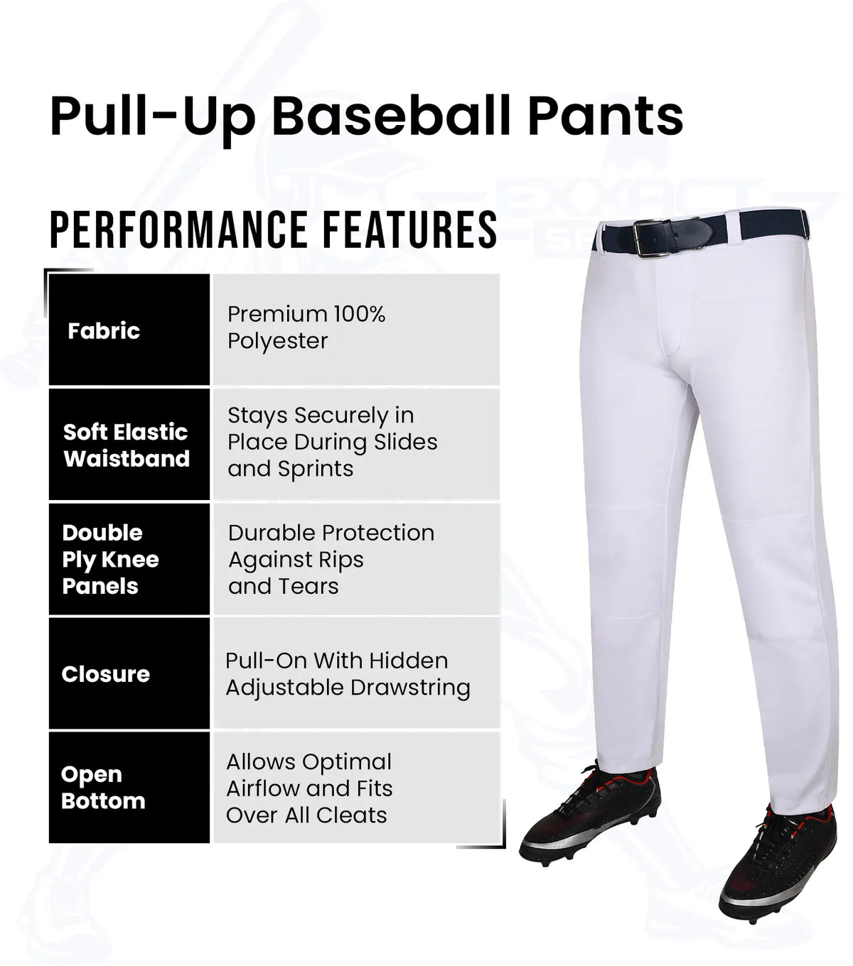 Exxact Sports Pull-up Boys Baseball Pants with Adjustable Drawstring Full Length & open bottom - White