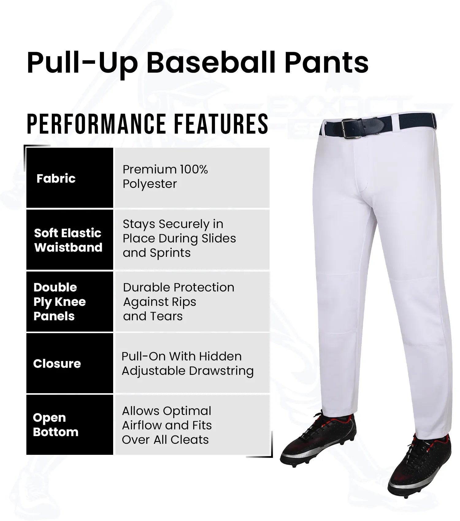 Exxact Sports Pull-up Boys Baseball Pants with Adjustable Drawstring Full Length & open bottom - White